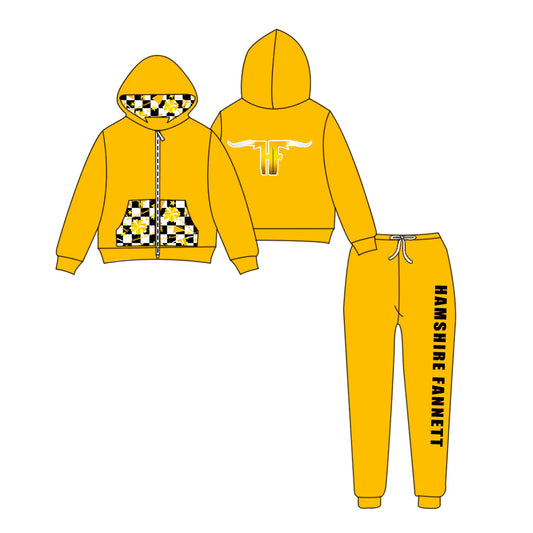 (Custom Design Preorder MOQ 5) Team's HAMSHIRE FANNETT Zipper Hoodie Top Yellow Pants Kids Fall Clothes Set