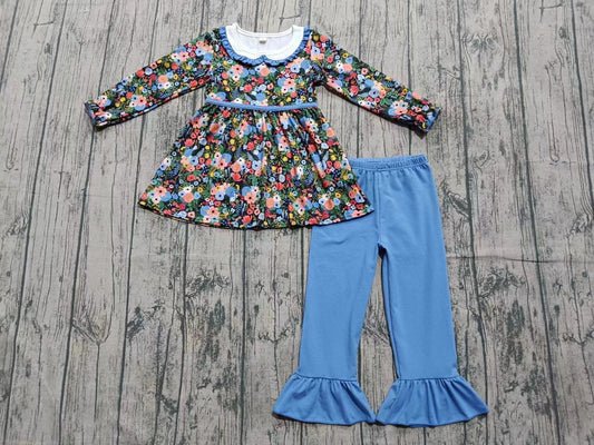 (Custom Design Preorder MOQ 5) Colorful Flowers Tunic Top Blue Pants Girls Fall Clothes Set