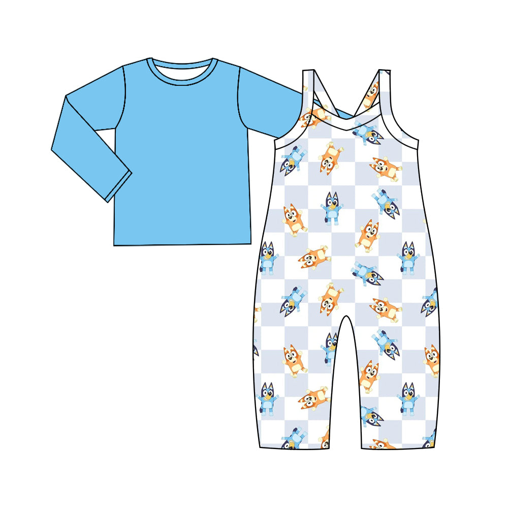 (Custom Design Preorder MOQ 5) Blue Top Cartoon Dog Jumpsuit Girls Fall Clothes Set