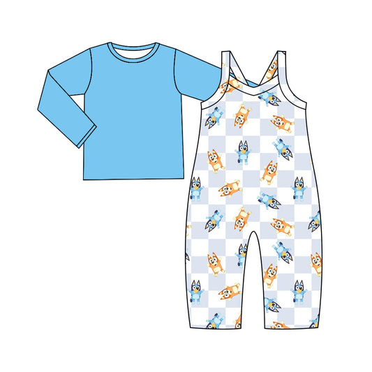 (Custom Design Preorder MOQ 5) Blue Top Cartoon Dog Jumpsuit Girls Fall Clothes Set