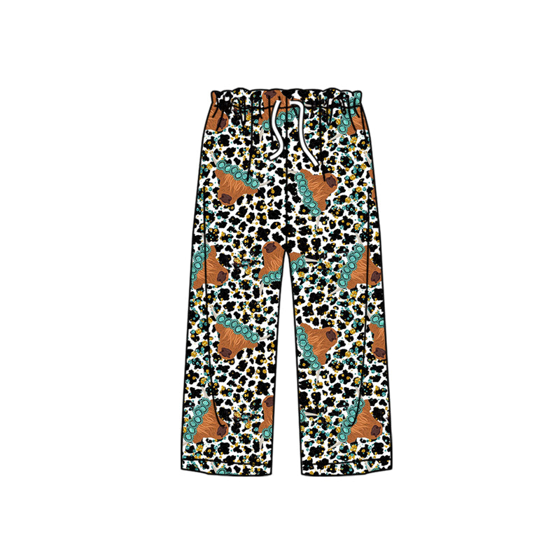 (Custom Design Preorder MOQ 5)  Highland Cow Turquoise Leopard Print Adult Western Pajamas Pants