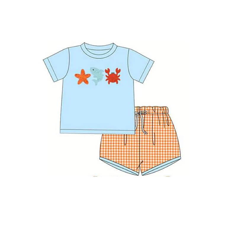 (Custom Design Preorder MOQ 5)  Starfish Fish Crab Top Plaid Shorts Boys Summer Clothes Set