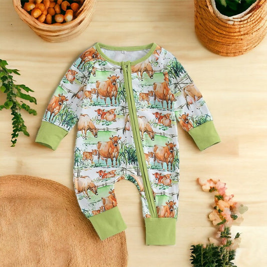 (Custom Design Preorder MOQ 5) Cows Print Baby Western Sleeper Fall Zipper Romper