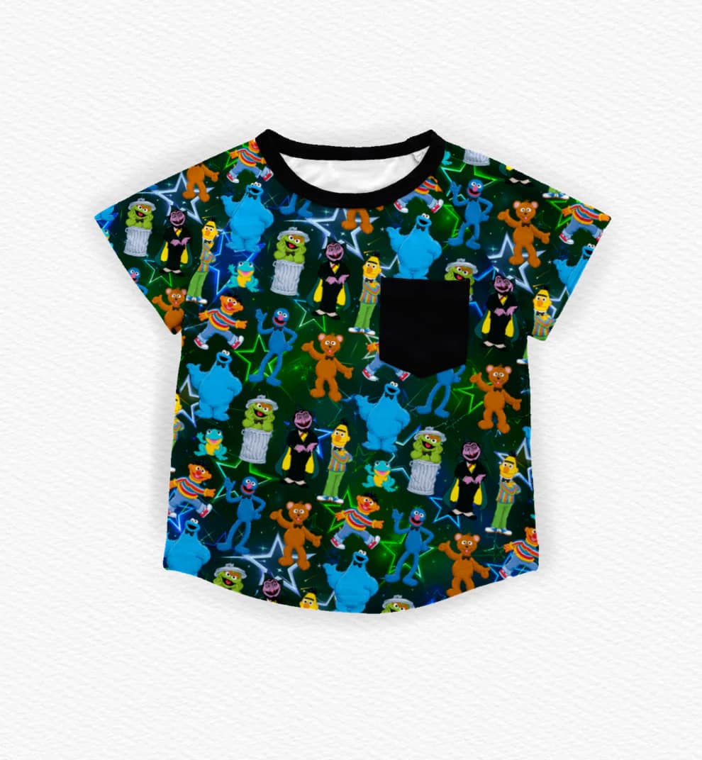 (Custom Design Preorder MOQ 5 )Cartoon Teacher Street Print Pocket Boys Summer Tee Shirts Top