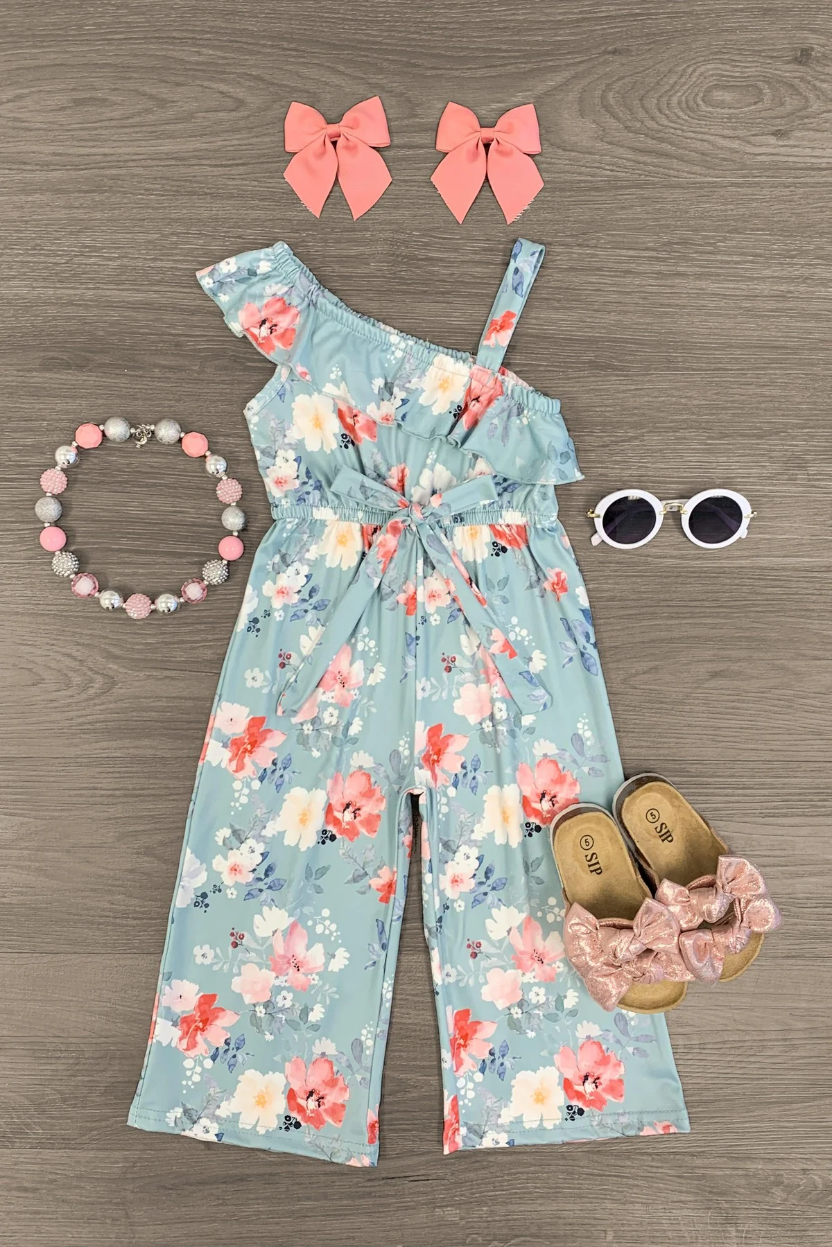 (Custom Design Preorder MOQ 5) Flowers Grey Print Girls Summer Jumpsuits