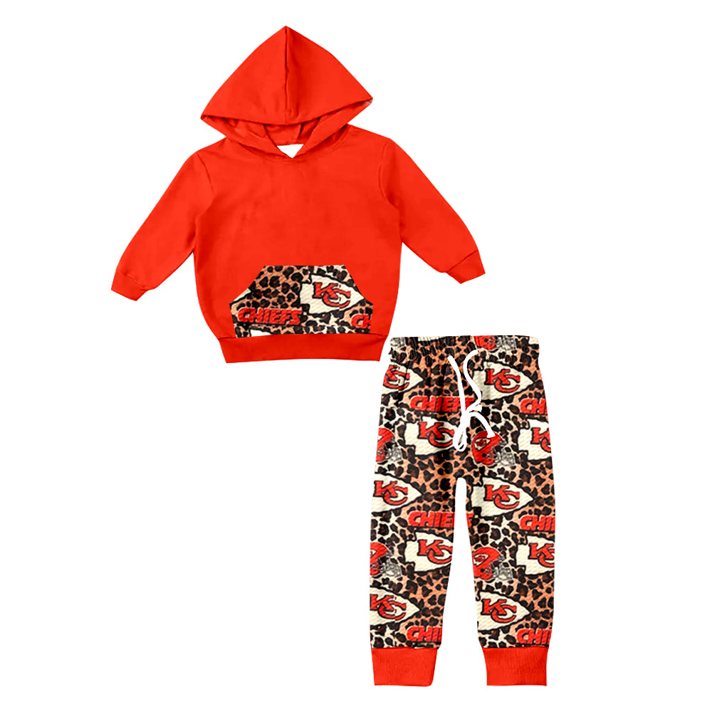 (Custom Design Preorder MOQ 5) Red Hoodie Pockets Top Team's KC Leopard Pants Kids Fall Clothes Set