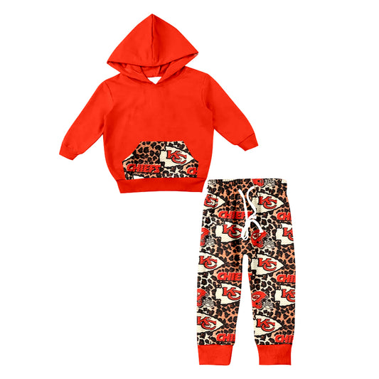 (Custom Design Preorder MOQ 5) Red Hoodie Pockets Top Team's KC Leopard Pants Kids Fall Clothes Set