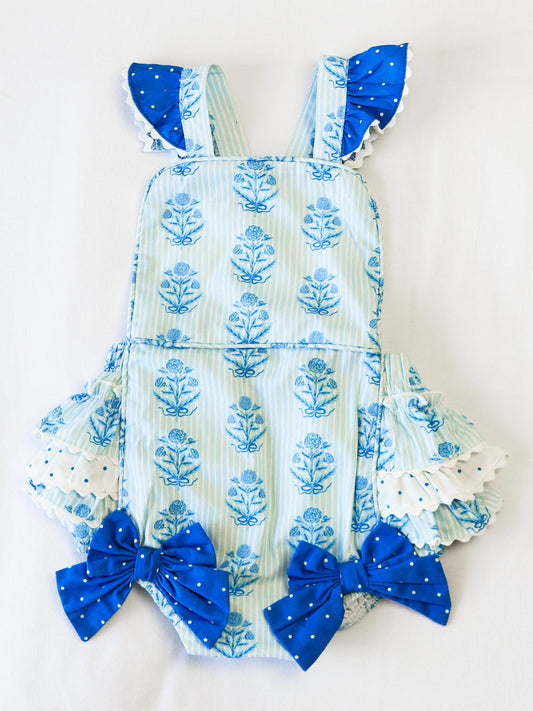 (Custom Design Preorder MOQ 5) Blue Flowers Stripes Print Baby Girls Summer Bubble Romper