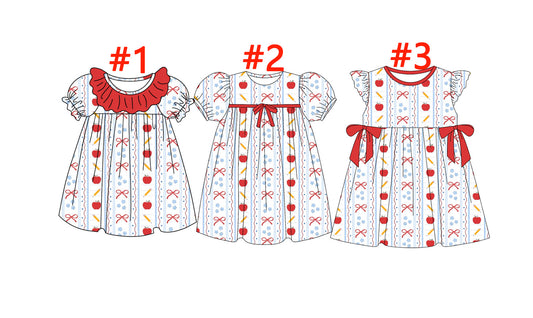 (Custom Design Preorder MOQ 5 Each Item) Apple Pen Bows Print Girls Back to School Knee Length Dress Sisters Wear