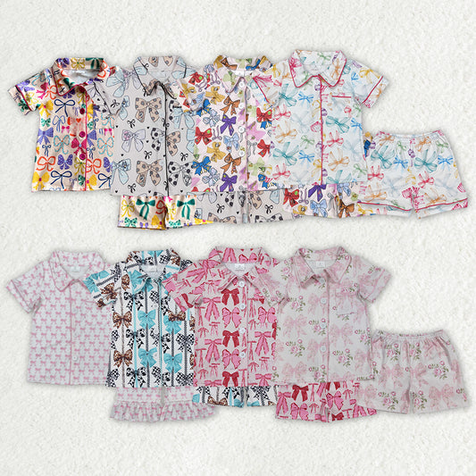 8 Colors Bows Print Girls Summer Buttons Pajamas Clothes Set Sisters Wear