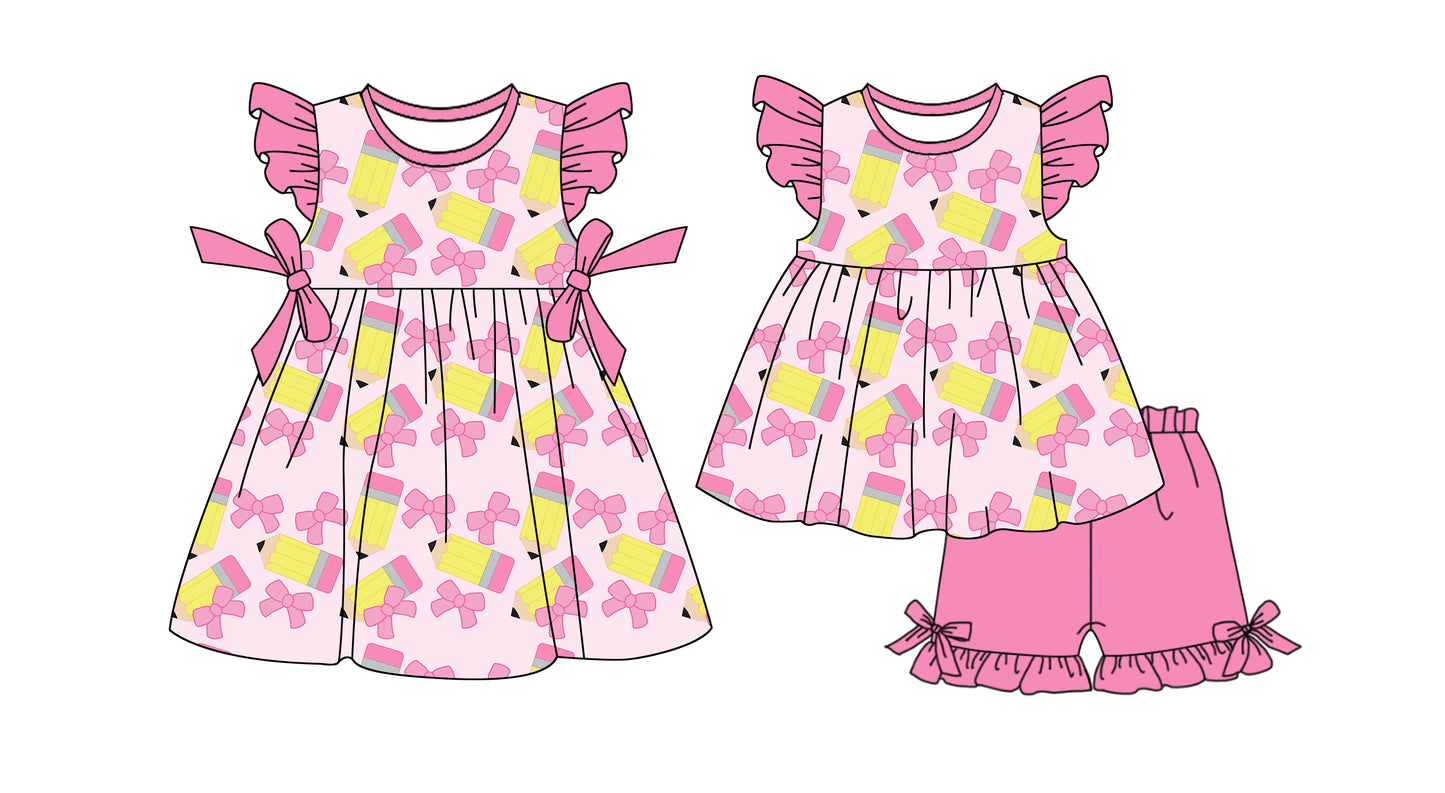 12.22 (Custom Design Preorder MOQ 5 Each Design) Pen Pink Bows Print Girls Back to School Matching Clothes Sisters Wear
