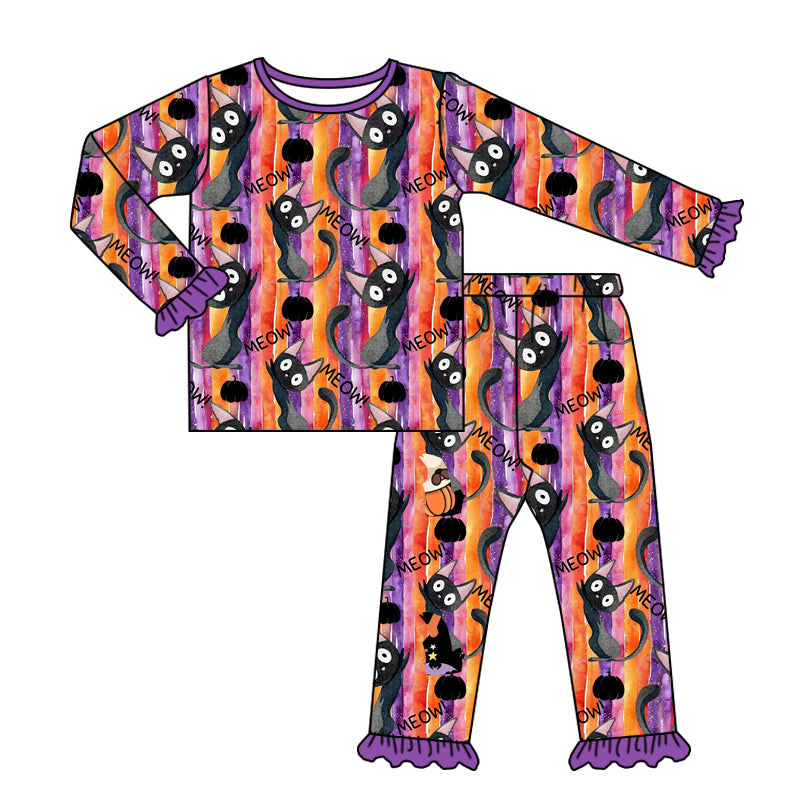 (Custom Design Preorder MOQ 5)  Cats Purple Print Girls Halloween Bamboo Pajamas Clothes Set