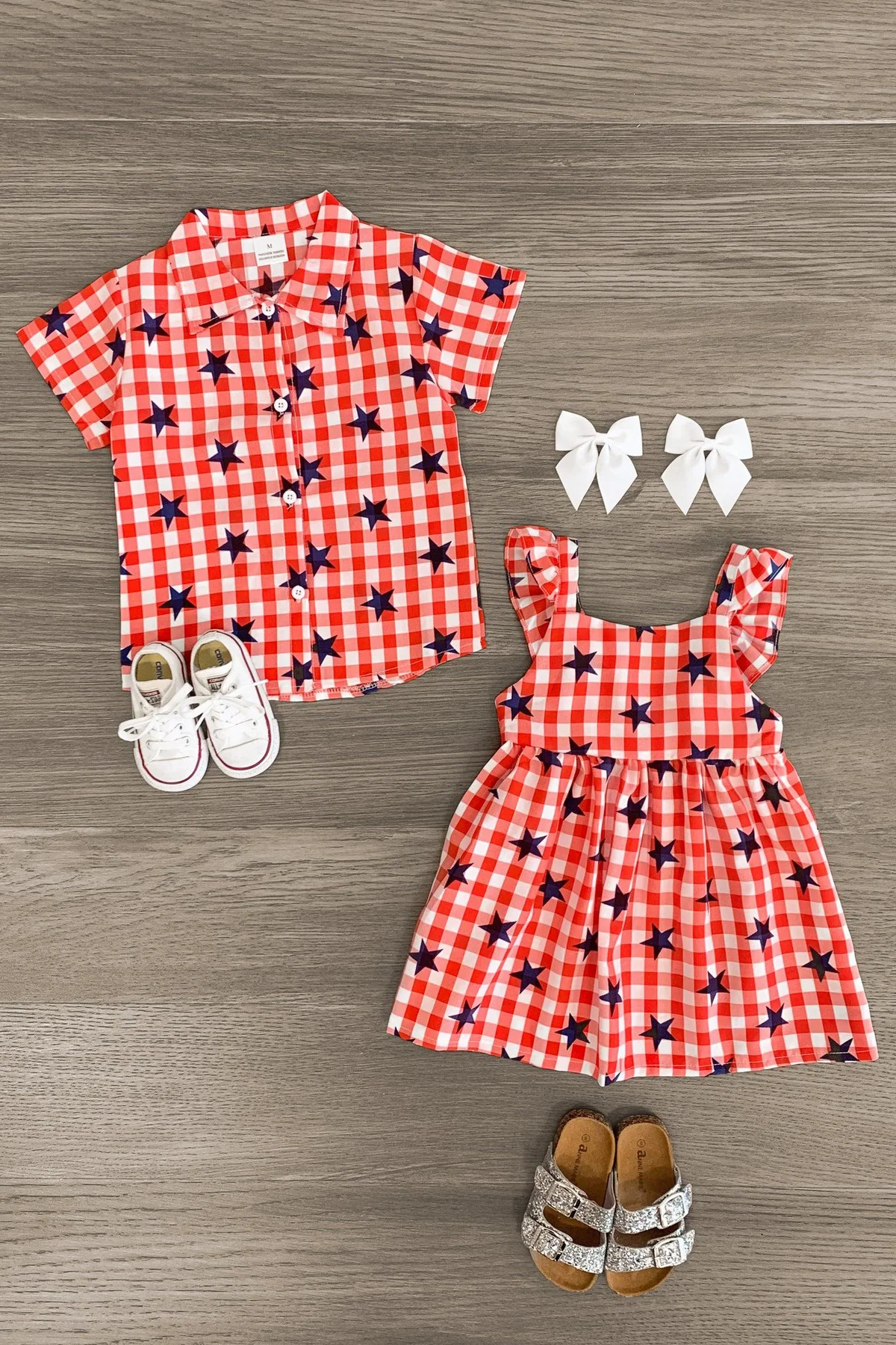 (Custom Design Preorder MOQ 5 Each Design) Stars Plaid Print Kids 4th of July Matching Clothes Sibling Wear
