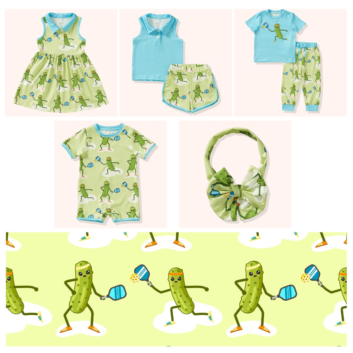 (Custom Design Preorder MOQ 5 Each Item) Cuke Green Print Kids Summer Matching Clothes Sibling Wear