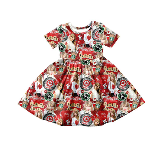 (Custom Design Preorder MOQ 5)  Singer Swiftie Coffee Print Girls Knee Length Dress