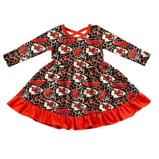 (Custom Design Preorder MOQ 5)  Team's KC Leopard Print Girls Fall Knee Length Ruffle Dress