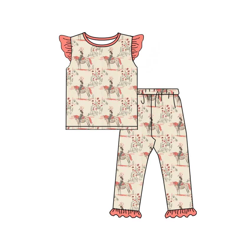 (Custom Design Preorder MOQ 5) Cowgirl Flowers Print Girls Western Pajamas Clothes Set