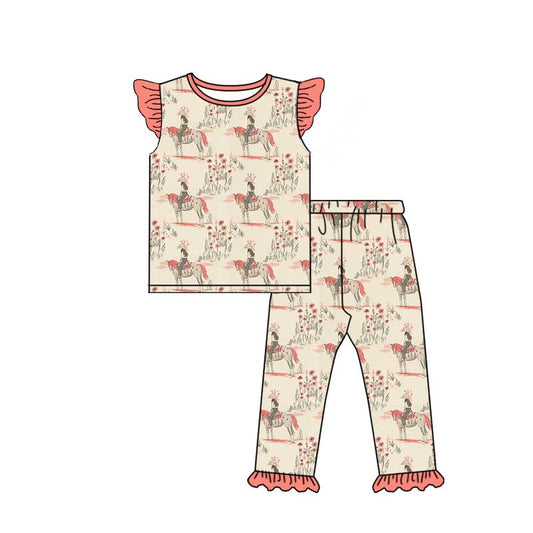 (Custom Design Preorder MOQ 5) Cowgirl Flowers Print Girls Western Pajamas Clothes Set