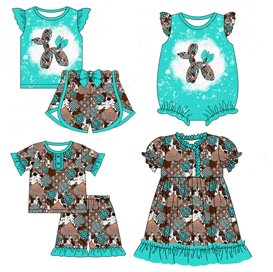 12.25(Custom Design Preorder MOQ 5 Each Design) Turquoise L*V* Western Print Girls Summer Matching Clothes Sisters Wear