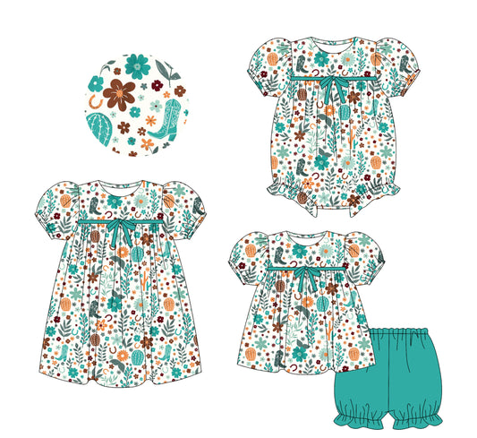 5.24(Custom Design Preorder MOQ 5 Each Design) Turquoise Flowers Bows Print Girls Summer Matching Clothes Sisters Wear