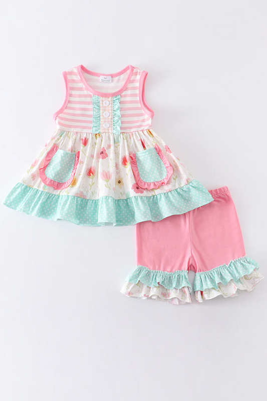 (Custom Design Preorder MOQ 5) Flowers Pockets Tunic Top Ruffles Shorts Girls Summer Clothes Set