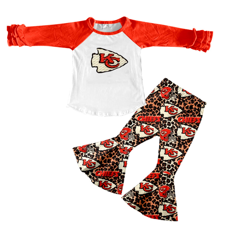 (Custom Design Preorder MOQ 5) Team's KC Red Leopard Print Raglan Sleeves Top Bell Pants Girls Fall Clothes Set