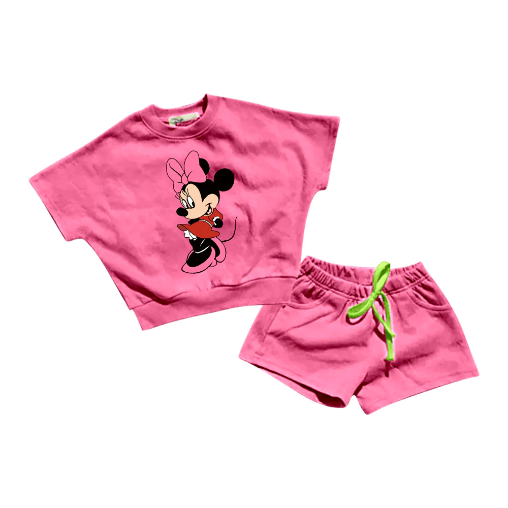 (Custom Design Preorder MOQ 5) Hot Pink Cartoon Mouse Print Girls Summer Clothes Set