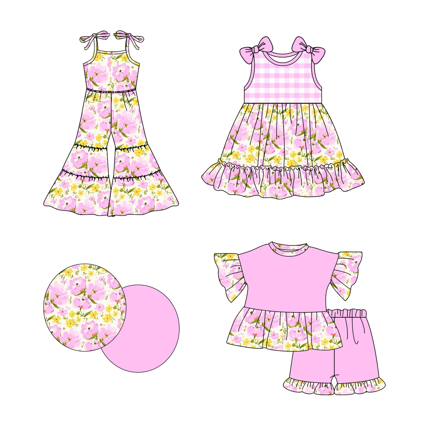 2.20(Custom Design Preorder MOQ 5 Each Design)  Pink Yellow Flowers Print Girls Summer Matching Clothes Sisters Wear