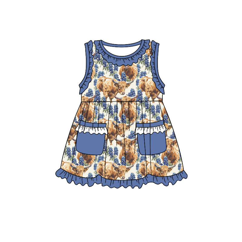 (Custom Design Preorder MOQ 5) Purple Flowers Highland Cow Print Girls Knee Length Summer Dress