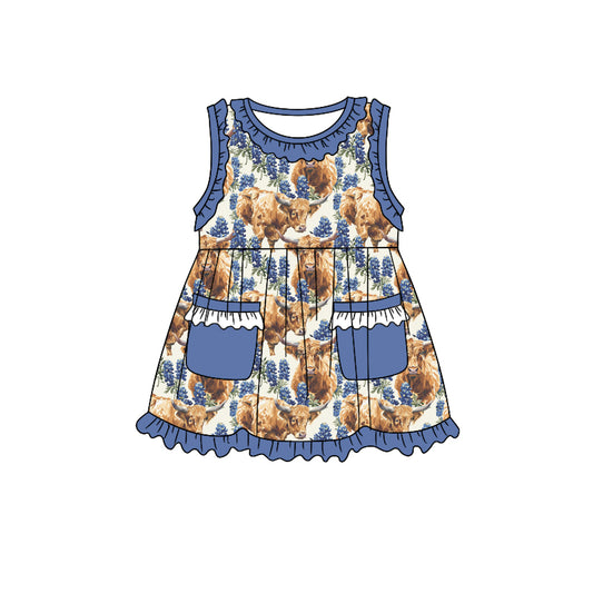 (Custom Design Preorder MOQ 5) Purple Flowers Highland Cow Print Girls Knee Length Summer Dress