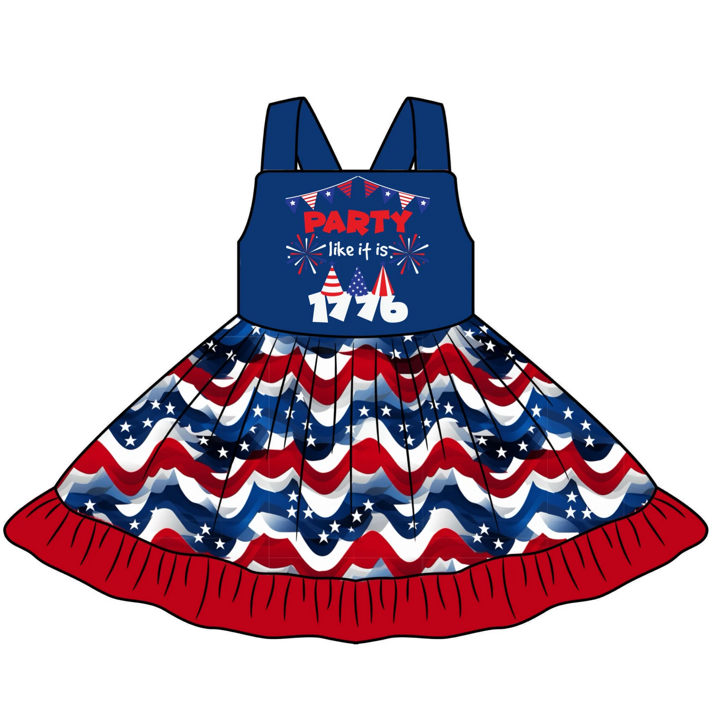 (Custom Design Preorder MOQ 5)  Party Fireworks Stars Print Girls Knee Length 4th of July Dress