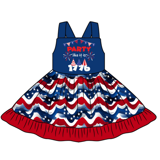 (Custom Design Preorder MOQ 5)  Party Fireworks Stars Print Girls Knee Length 4th of July Dress