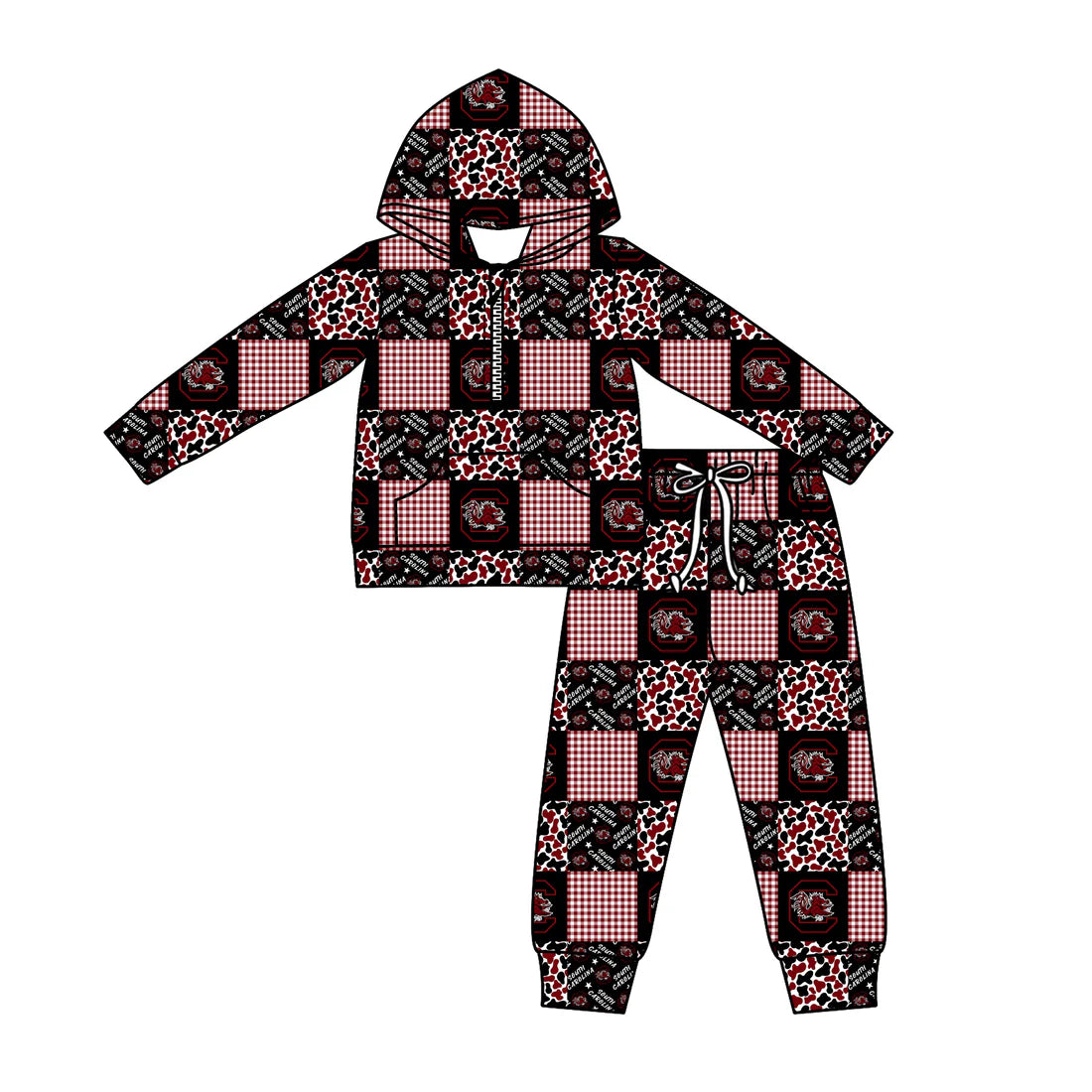 (Custom Design Preorder MOQ 5) Team's Gamecock Plaid Print Zipper Hoodie Top Pockets Pants Kids Fall Clothes Set