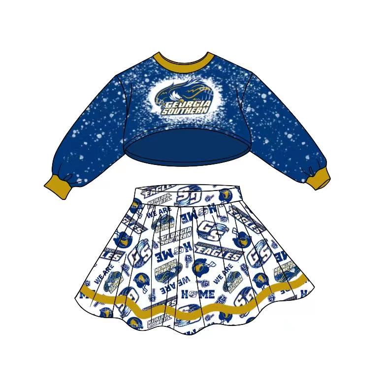 (Custom Design MOQ 5) Dark Blue Long Sleeve Top Leopard Skirts Girls Football Team's Clothes Set