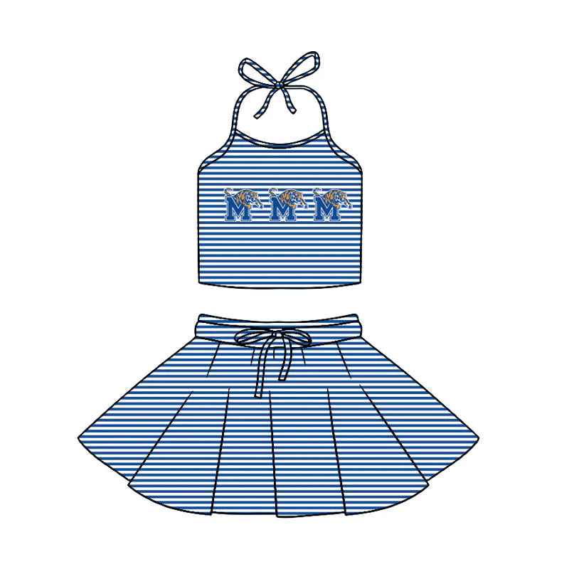 (Custom Design Preorder MOQ 5)  Team's Memphis Tigers Stripes Halter Top Skirts Girls Summer Clothes Set