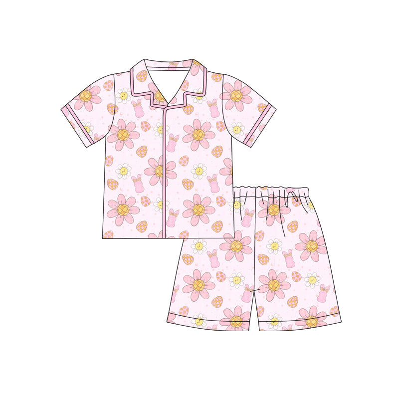 12.10 (Custom Design Preorder MOQ 5) Bunny Flowers Print Girls Easter Buttons Pajamas Clothes Set