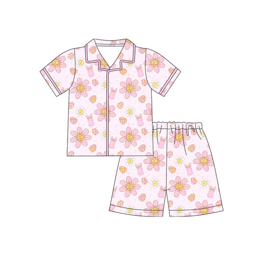 12.10 (Custom Design Preorder MOQ 5) Bunny Flowers Print Girls Easter Buttons Pajamas Clothes Set