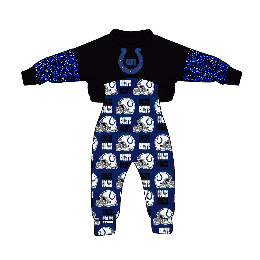 (Custom Design MOQ 5)  NO.12 Dark Blue Football Team's Print Girls Jumpsuits Clothes Set