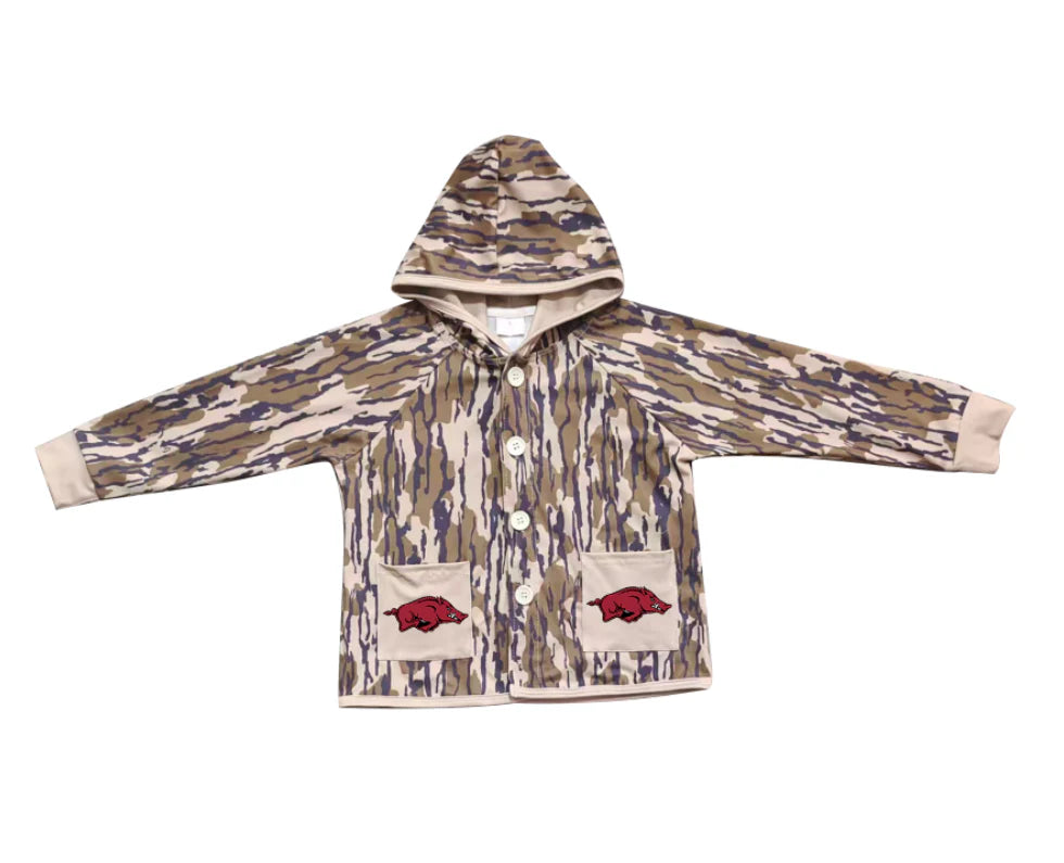 (Custom Design Preorder MOQ 5 Each Item) Team's Arkansas Camo Print Pockets Buttons Kids Fall Hoodie Jackets Top Mom and Me Matching Clothes