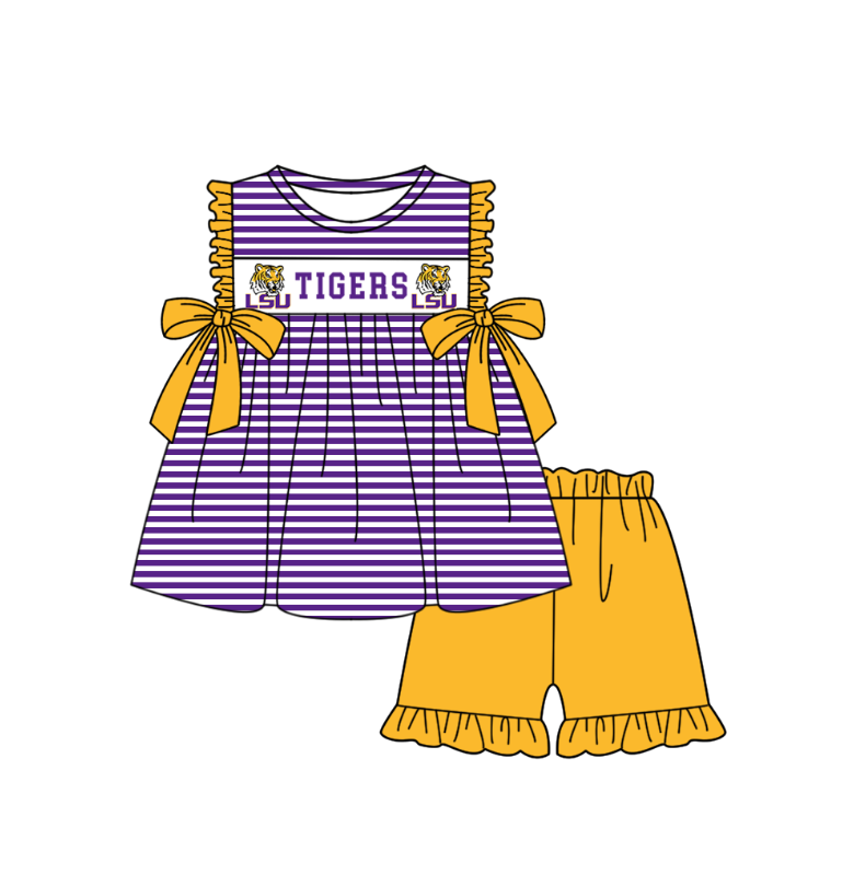 (Custom Design Preorder MOQ 5 Each Item) Team's LSU Tigers Print Kids Summer Matching Clothes Sibling Wear