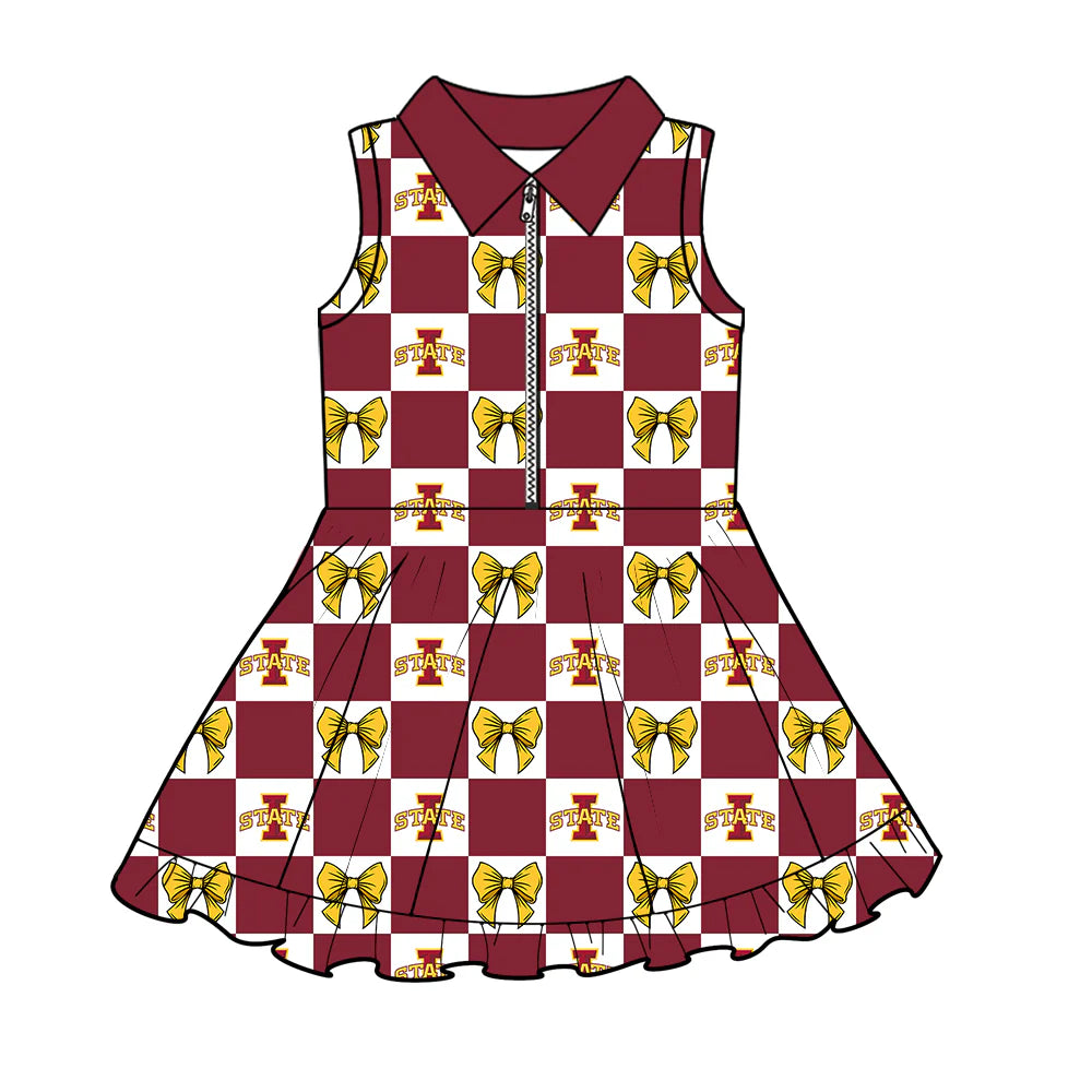 (Custom Design Preorder MOQ 5 Each Color) Team's Iowa State Cyclones Bows Plaid Print Girls Summer Clothes Sisters Matching Wear