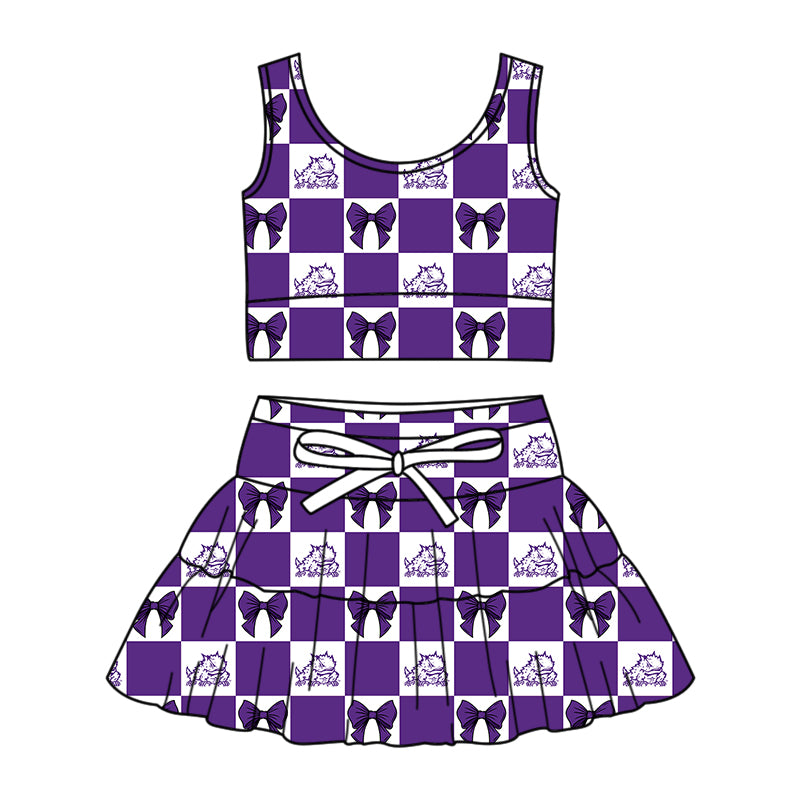 (Custom Design Preorder MOQ 5 Each Color) Team's TCU Horned Frogs Bows Plaid Print Girls Summer Clothes Sisters Matching Wear