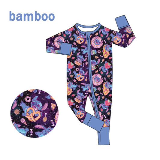 (Custom Design Preorder MOQ 20) Cartoon Stitc* Print Baby Girls Long Sleeve Bamboo Sleeper Zipper Romper