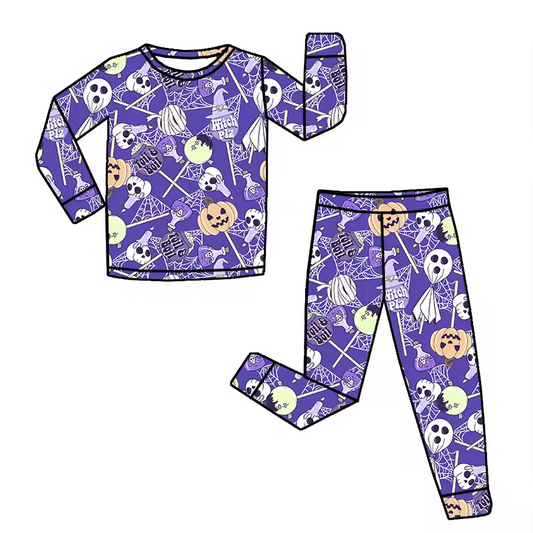 (Custom Design Preorder MOQ 5) Purple Ghost Print Kids Halloween Pajamas Clothes Set