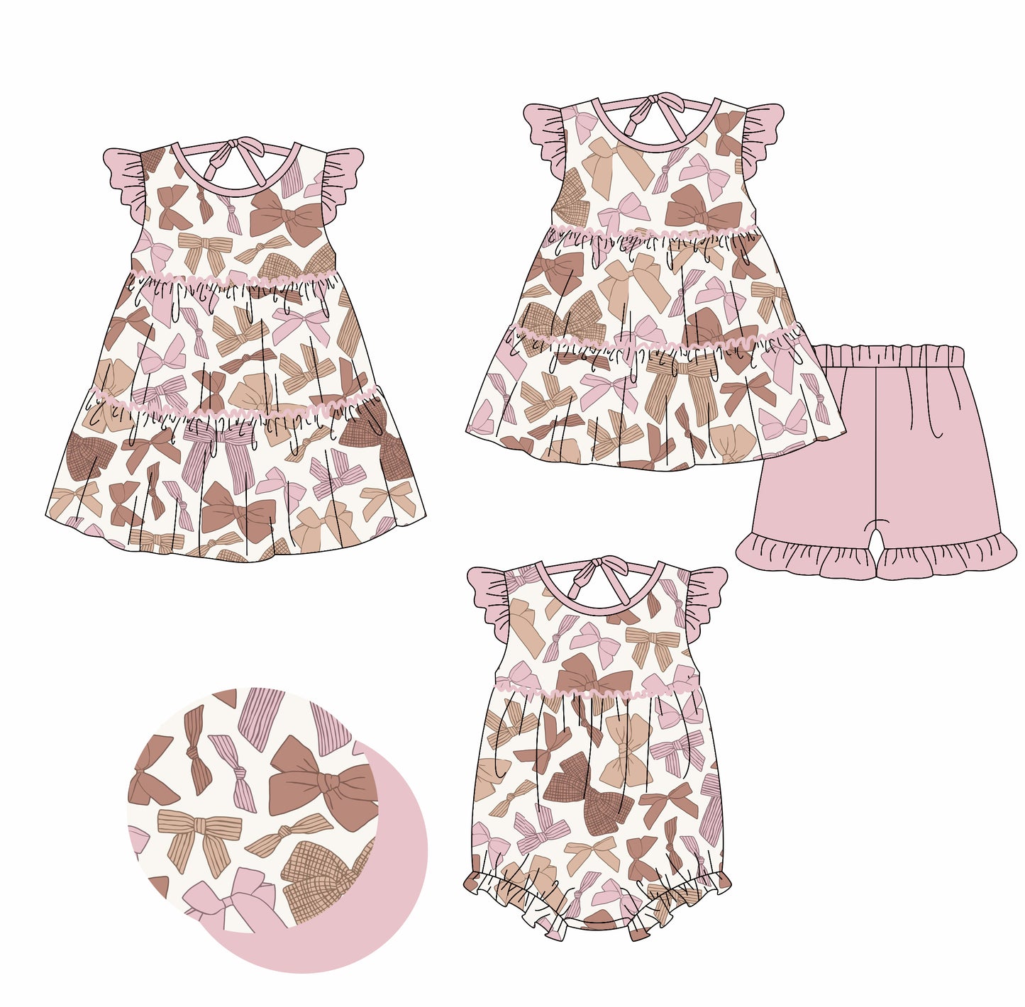2.18(Custom Design Preorder MOQ 5 Each Design) Pink Brown Bows Print Girls Summer Matching Clothes Sisters Wear