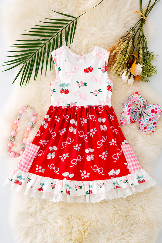 (Custom Design Preorder MOQ 5) Strawberry Pink Bows Flowers Print Girls Knee Length Summer Dress