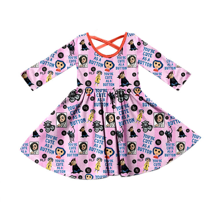 (Custom Design Preorder MOQ 5) Cartoon Coraline Pink Print Girls Knee Length Fall Cross Dress