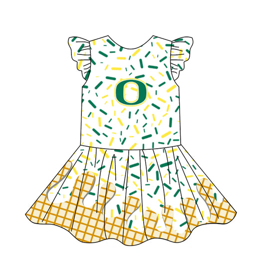 (Custom Design Preorder MOQ 5) Team's O Green Sprinkles Print Girls Summer Knee Length Dress