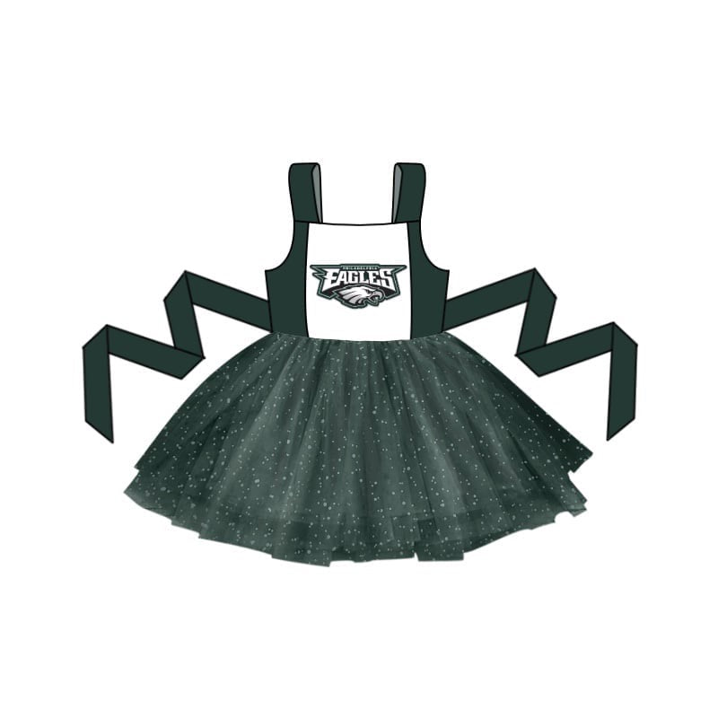 (Custom Design Preorder MOQ 5) Team's EAGLES Print Girls Summer Knee Length Tulle Dress