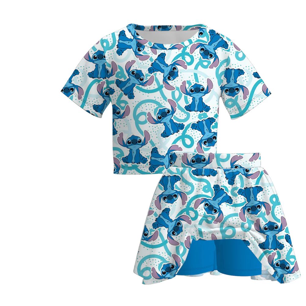 (Custom Design Preorder MOQ 5) Cartoon Stitc* Top Skirts Shorts Girls Summer Clothes Set
